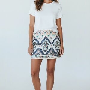 Express Sequin Mini Skirt Women’s Small Beige Boho Aztec Beaded Stretch